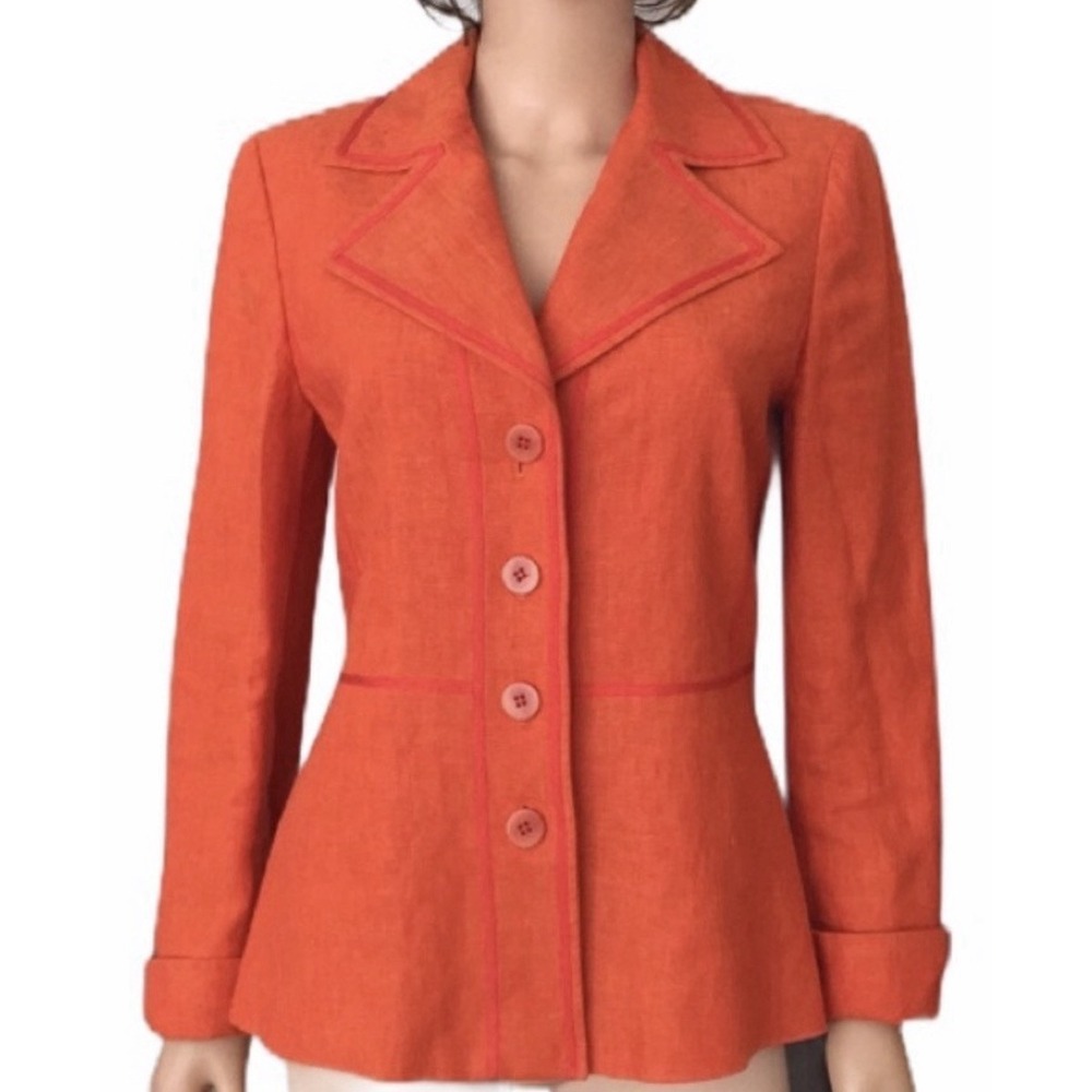 Linda Allard Ellen Tracy Sz 0 Orange Linen Blazer Structured Work Maximalist NWT